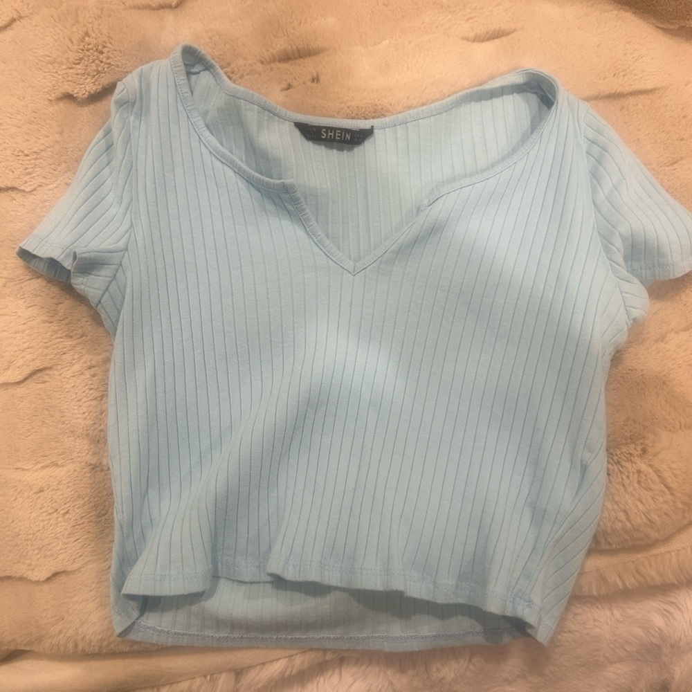 SHEIN Sky Blue Ribbed Crop Top